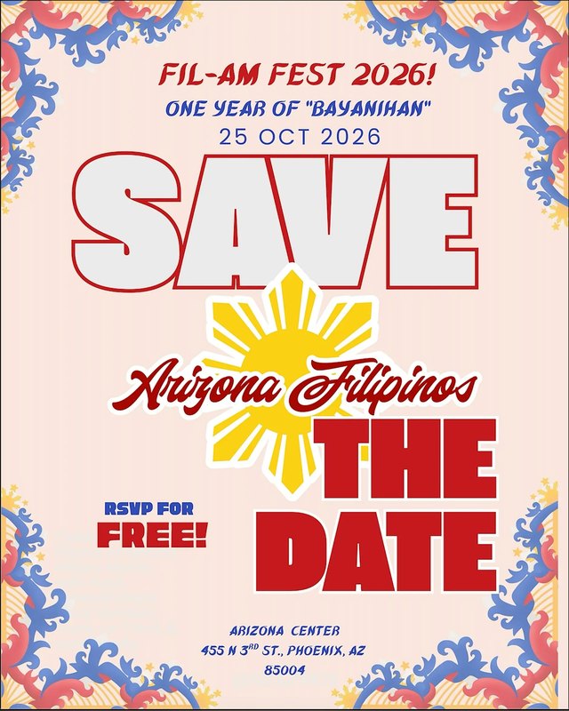 Flyer for Fil-Am Fiesta 2026, Sunday 25 October 2026 at Arizona Center, Phoenix, with RSVP for free.