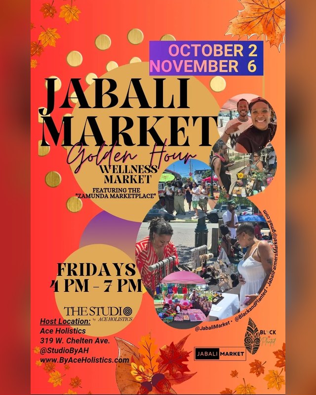 Flyer for Jabali Market Golden Hour Wellness Market, Fridays 4 to 7 PM at The Studio, Ace Holistics, with November 6 date.