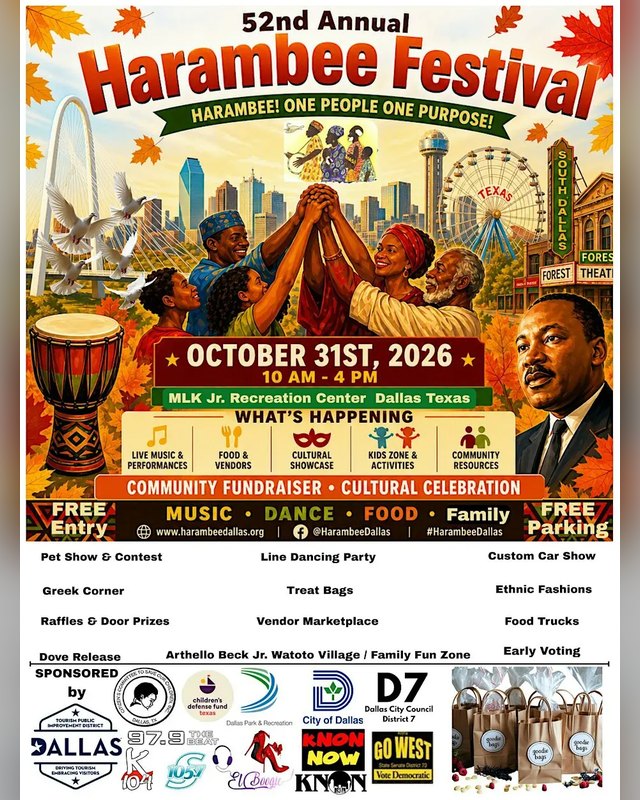 Flyer for 52nd Annual Harambee Festival, October 31, 2026, 10 AM to 4 PM at MLK Jr. Recreation Center, Dallas.