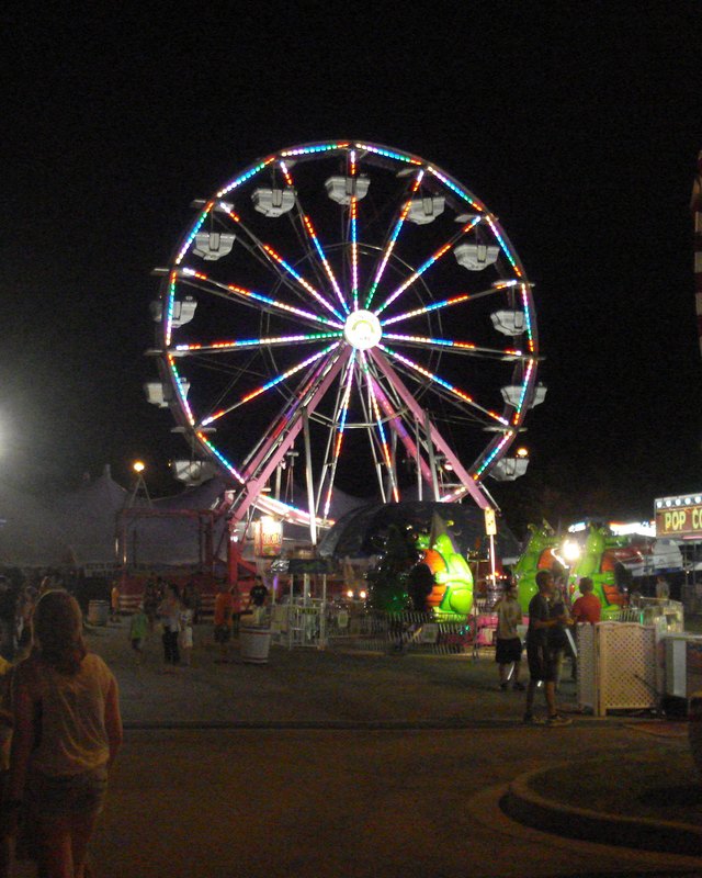 Lit ferris wheel and midway crowd at night during the Three Rivers Festival in Channahon.