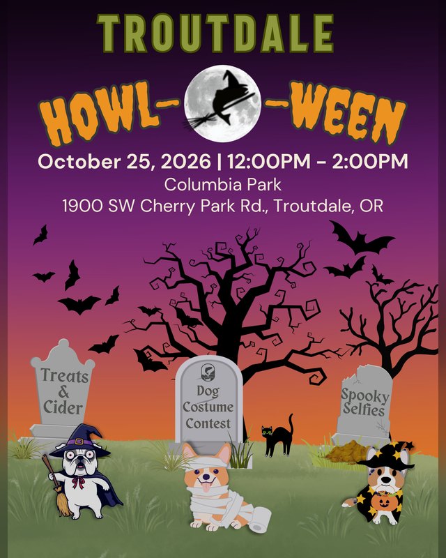 Flyer for Howl-o-Ween, October 25, 2026, 12:00PM to 2:00PM at Columbia Park, Troutdale.