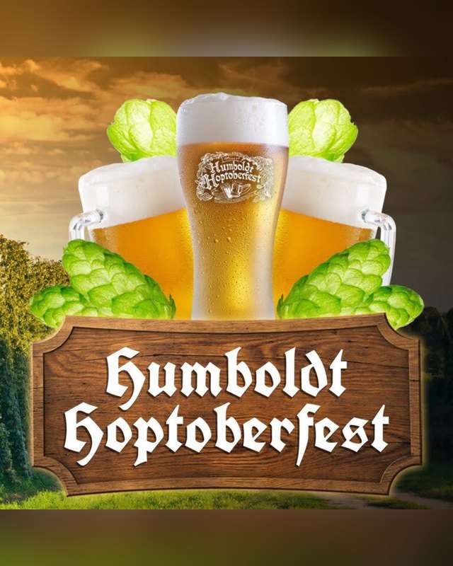 Flyer for Humboldt Hoptoberfest: a wooden sign with three beer glasses and hops