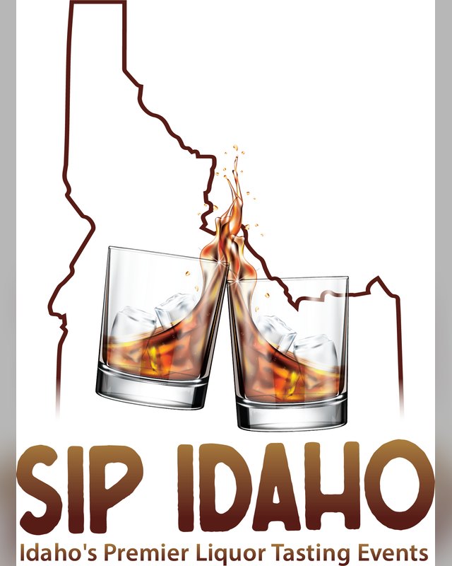 Sip Idaho logo with two whiskey glasses splashing over an Idaho outline