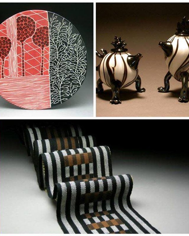 Painted ceramic plate and two striped ceramic vases with a woven striped runner, shown as handmade craft goods.
