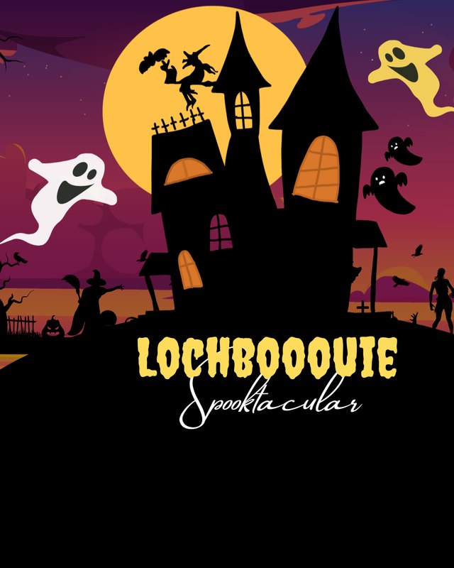 Halloween illustration of a haunted castle under a full moon with ghosts, reading LochbOOOie Spooktacular.