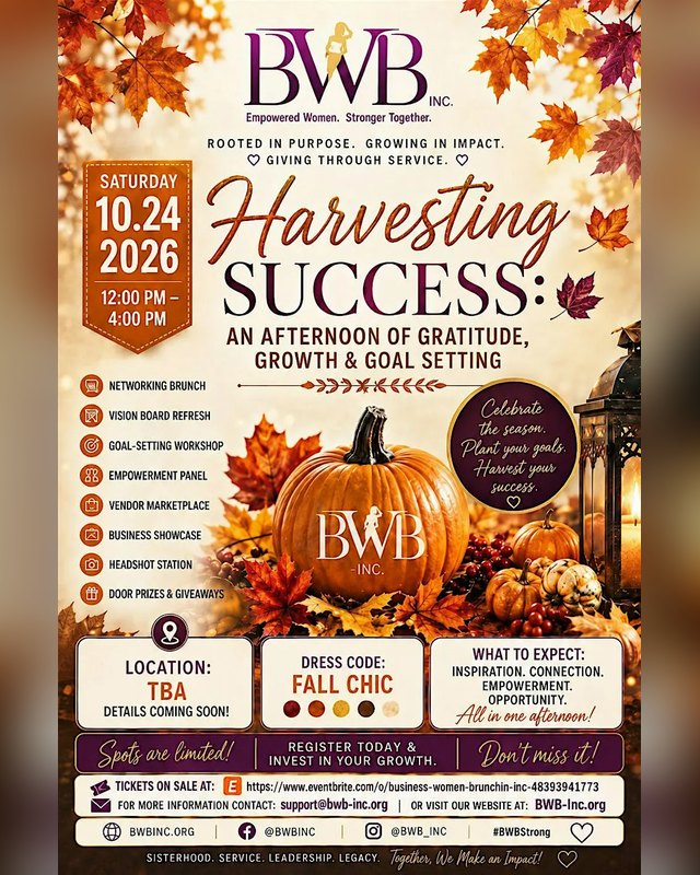 Flyer for Harvesting Success, Saturday October 24 2026, noon to 4 PM, an afternoon of gratitude, growth and goal setting.