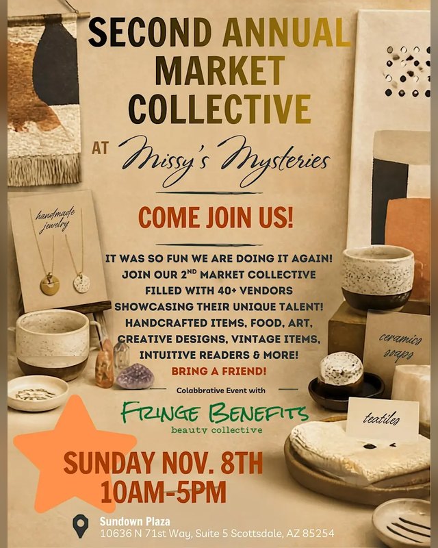 Flyer for Second Annual Market Collective at Missy's Mysteries, Sunday Nov. 8, 10AM-5PM.