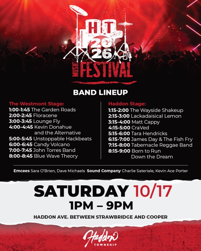Flyer for Haddon Township Music Festival 2026, Saturday 10/17, 1PM to 9PM, with band lineup.