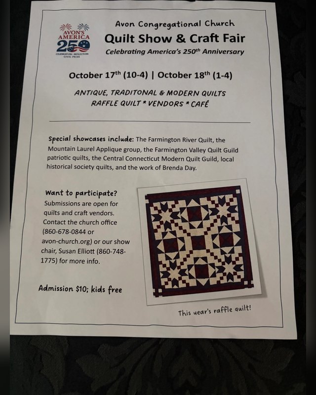 Flyer for the Avon Congregational Church Quilt Show & Craft Fair, October 17 and 18.