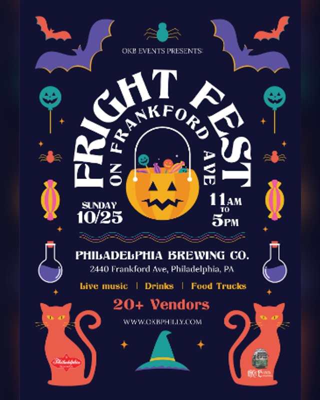 Flyer for Fright Fest on Frankford, Sunday 10/25 at Philadelphia Brewing Company, with vendors, food trucks and live music.