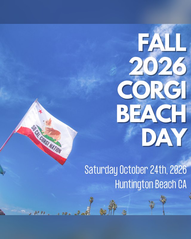 Flyer for 2026 Fall Corgi Beach Day, Saturday October 24th 2026, Huntington Beach CA.