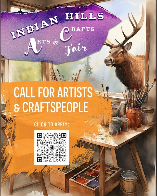 Flyer for the Indian Hills Arts & Crafts Fair with a call for artists and craftspeople and an application QR code.