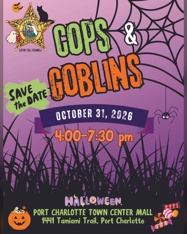 Flyer for Cops & Goblins! showing October 31, 2026, 4:00-7:30 pm at Port Charlotte Town Center Mall.