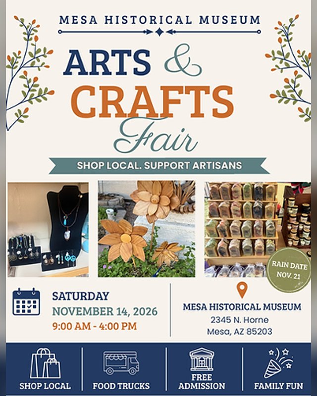 Flyer for the Mesa Historical Museum Arts & Crafts Fair, Saturday November 14, 2026, 9:00 AM to 4:00 PM.