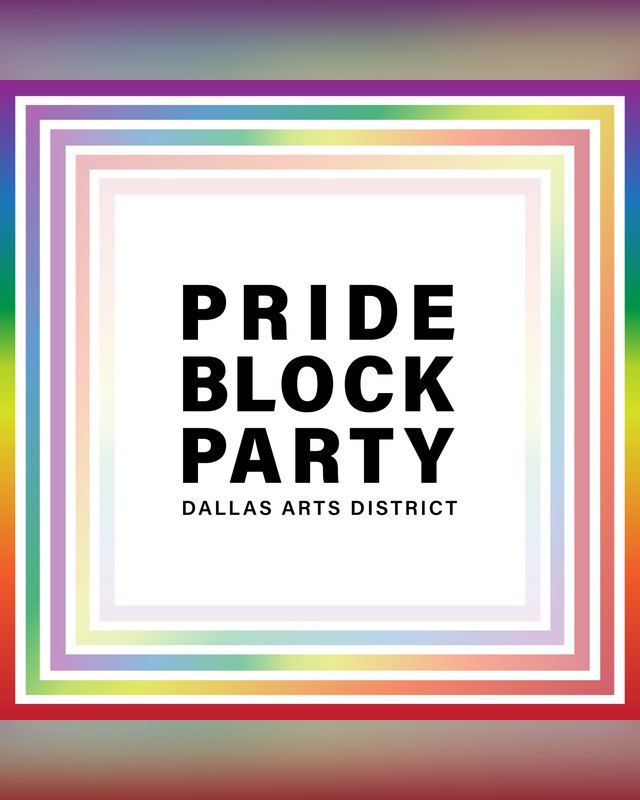 Pride Block Party Dallas Arts District logo graphic with rainbow border on white.