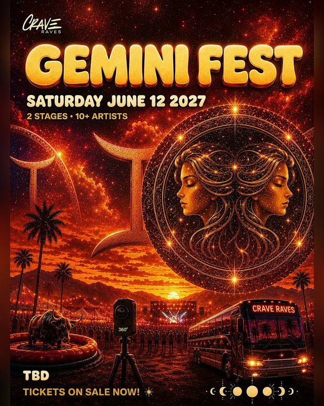 Flyer for Gemini Fest, Saturday June 12 2027, with a zodiac Gemini artwork and sunset festival scene.