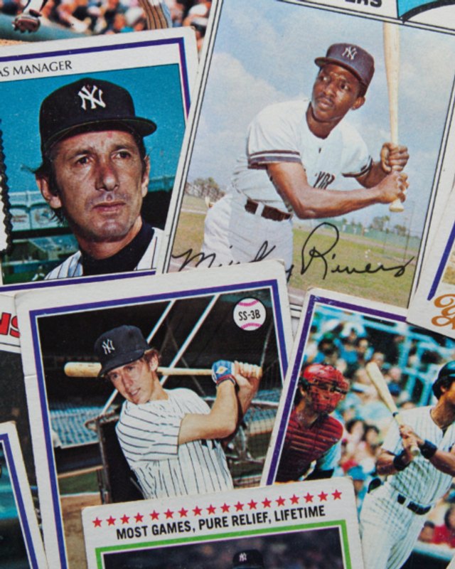 Collage of vintage baseball cards, including Yankees players in pinstripes and caps, with a 'Most Games, Pure Relief, Lifetime' card.