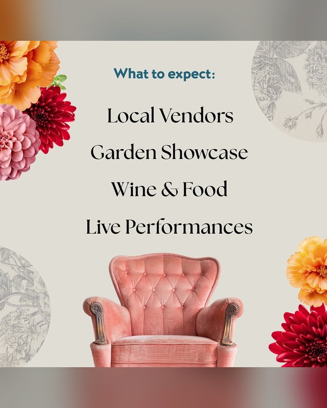 Eureka Home and Garden Show graphic listing local vendors, a garden showcase, wine and food, and live performances