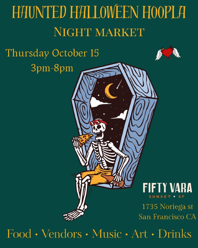 Flyer for Haunted Halloween Hoopla Night Market, Thursday October 15, 3pm-8pm at Fifty Vara, with a skeleton in a coffin illustration.