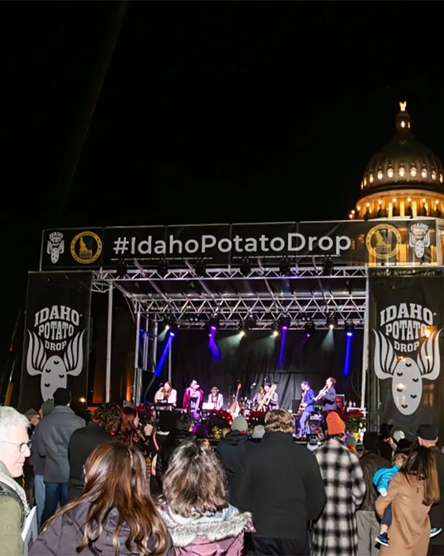 Stage with crowd in front of the Idaho Capitol during the Idaho Potato Drop celebration
