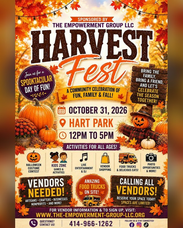 Flyer for Harvest Fest, October 31, 2026 at Hart Park, 12 PM to 5 PM, with vendor and food truck calls.