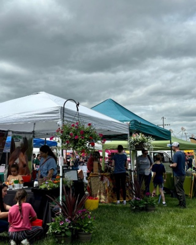 Shoppers browsing vendor tents with flower displays at an outdoor market under cloudy skies