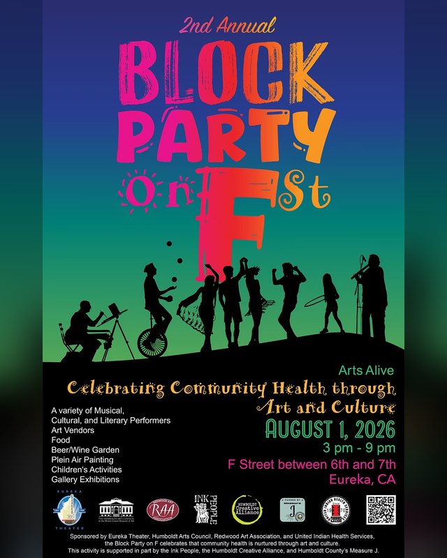 Flyer for the 2nd annual Block Party on F Street, August 1, 2026, 3 to 9 pm, in Eureka