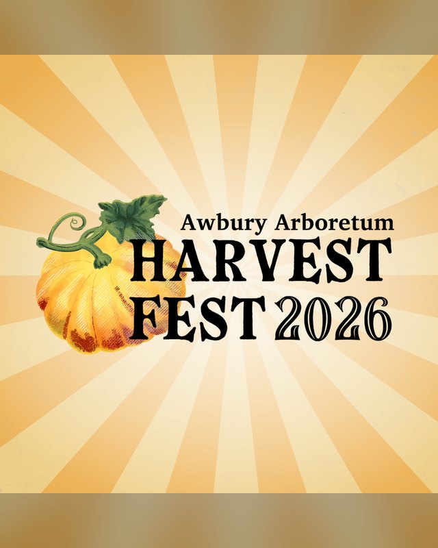 Flyer for Harvest Fest 2026 at Awbury Arboretum, with a pumpkin on a sunburst background.