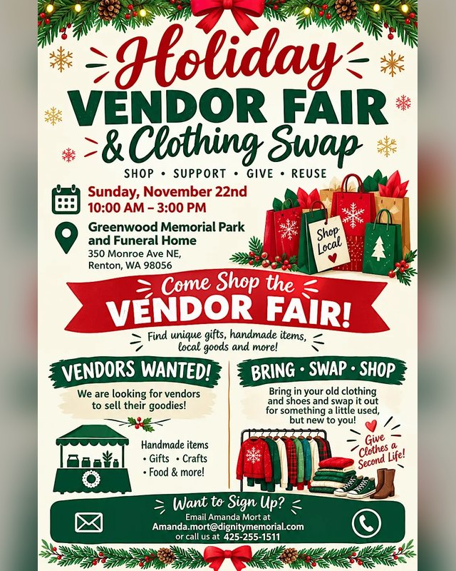 Flyer for Vendor Fair/Clothing Swap at Greenwood Memorial Park, Sunday November 22, 10 AM to 3 PM.
