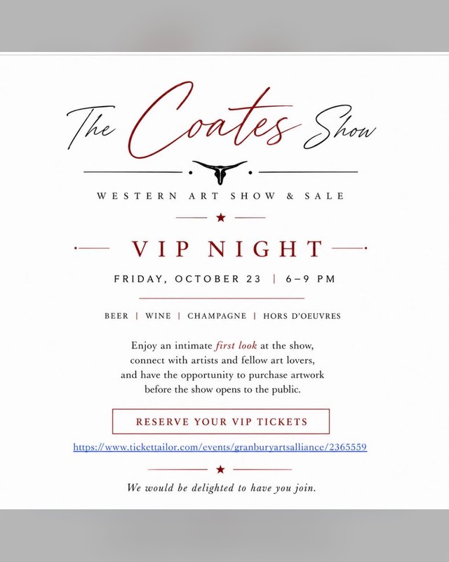 Flyer for The Coates Western Art Show and Sale VIP Night, Friday October 23, 6-9 PM.