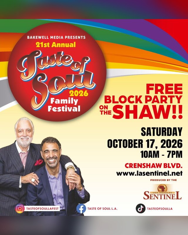 Flyer for Taste of Soul 2026 Family Festival, Saturday October 17, 2026, Crenshaw Blvd, 10AM-7PM.