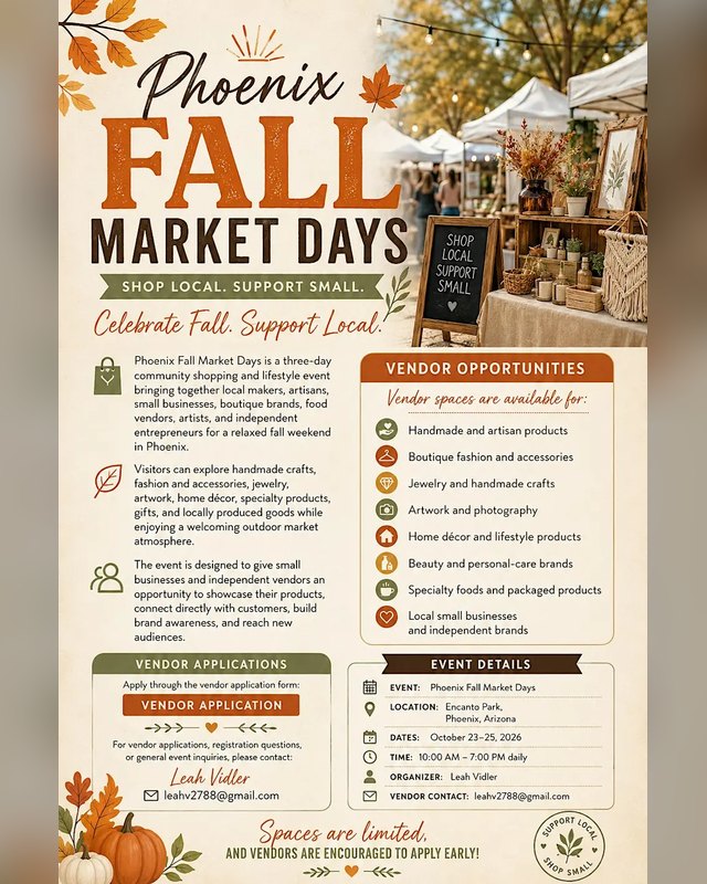 Flyer for Phoenix Fall Market Days with vendor opportunities and event details for October 2026.
