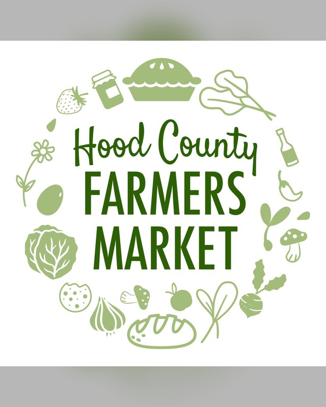 Hood County Farmers Market logo with green produce and bakery illustrations.