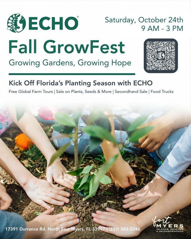 Flyer for ECHO's Fall GrowFest, Saturday October 24, 9 AM to 3 PM, with hands planting a seedling.