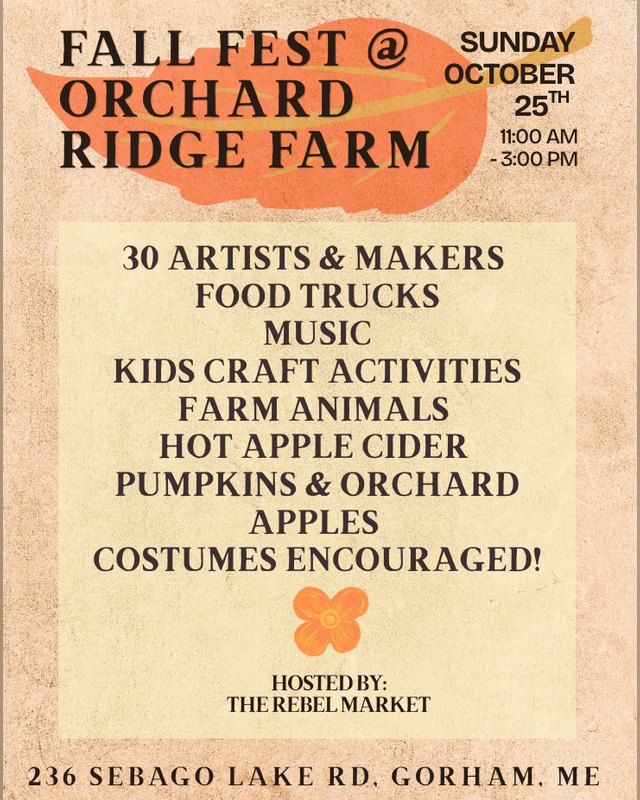 Flyer for Fall Fest at Orchard Ridge Farm, Sunday October 25th, 11:00 AM to 3:00 PM, with artists, food trucks and music.