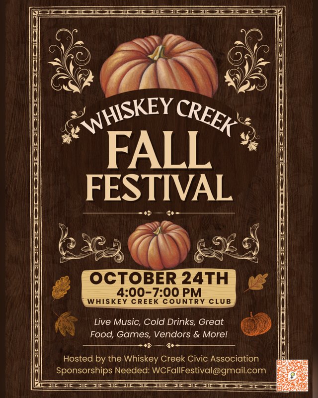 Flyer for the Whiskey Creek Fall Festival, October 24th, 4 to 7 PM at Whiskey Creek Country Club.