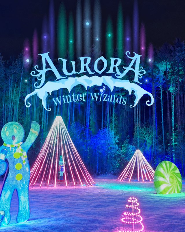 Illuminated Aurora Winter Wizards light display with a gingerbread figure and glowing tents in the woods at Glenlore Trails