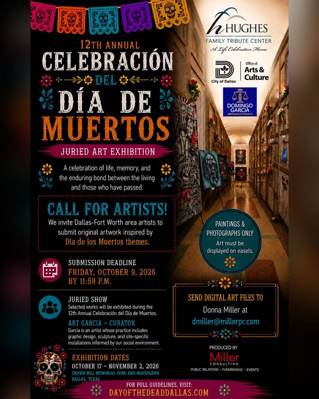 Flyer for the 12th Annual Celebración del Día de Muertos juried art exhibition, with call for artists and 2026 exhibition dates.