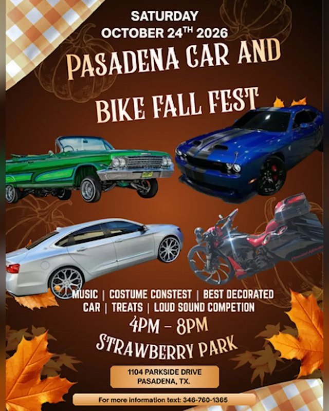 Flyer for Pasadena Car n Bike Fall Fest, Saturday October 24 2026, 4 PM to 8 PM at Strawberry Park.