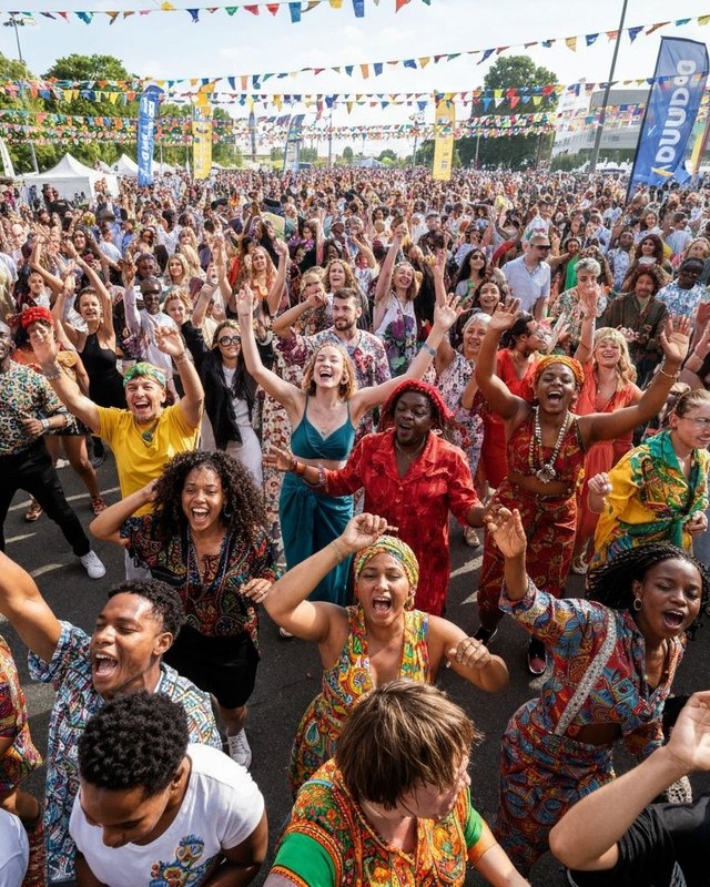 Large crowd dancing and cheering in bright African-print clothing at the ODUNDE festival