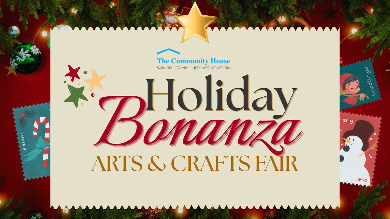 Holiday Bonanza Arts & Crafts Fair promotional graphic with a red script title on a cream panel over a holiday-themed border.