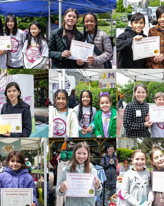 Grid of young fair participants holding up certificates at the Takoma Park Children's Business Fair.