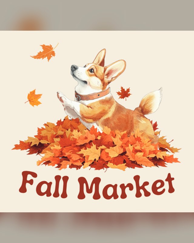 Fall Market illustration of a corgi sitting in a pile of autumn leaves, from the Foothills Animal Shelter.