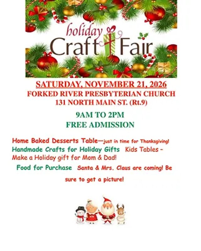 Flyer for Holiday Craft Fair at Forked River Presbyterian Church, Saturday November 21, 2026, 9AM to 2PM, free admission.