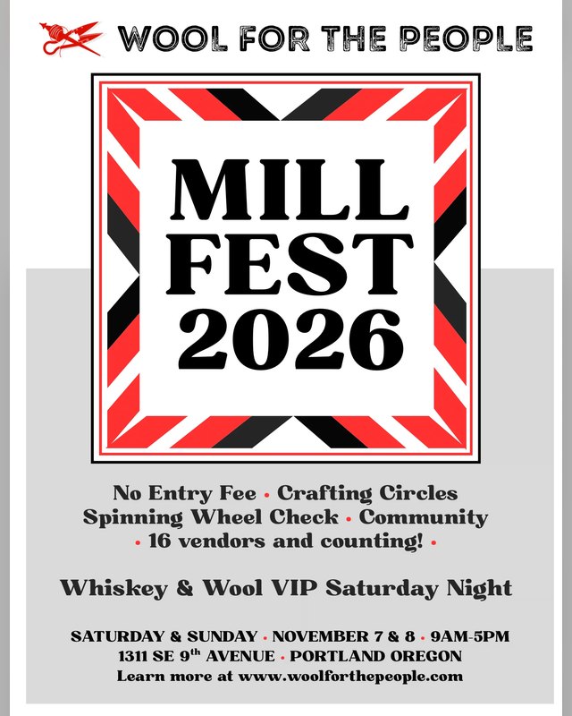 Flyer for Mill Fest 2026 listing Saturday and Sunday, November 7 and 8, 9AM to 5PM, at 1311 SE 9th Avenue, Portland.