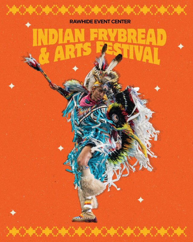 Flyer for Indian Frybread & Arts Festival at Rawhide Event Center with a dancer in orange and turquoise regalia.
