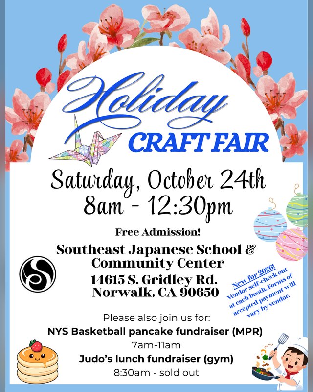 Flyer for the Holiday Craft Fair on Saturday, October 24th, 8am to 12:30pm at Southeast Japanese School & Community Center.
