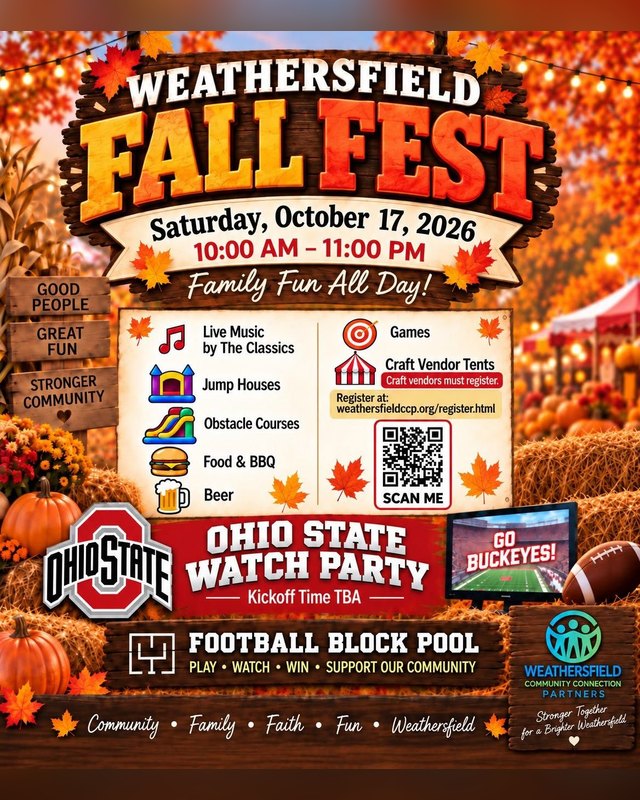 Flyer for Weathersfield Fall Fest, Saturday October 17, 2026, with live music, games, craft vendor tents and food.