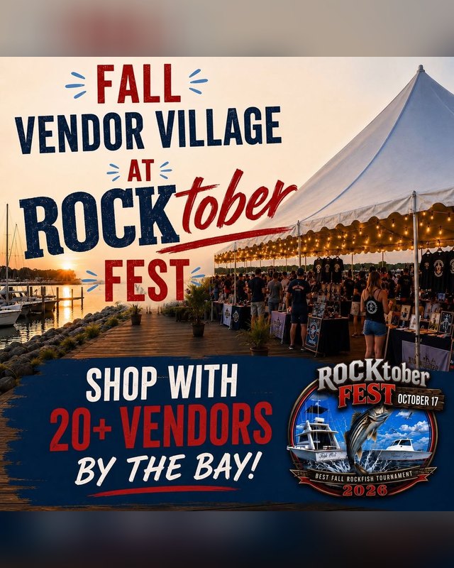 Flyer for Fall Vendor Village at Rocktober Fest, October 17, 2026, with a waterfront tent of vendor booths.