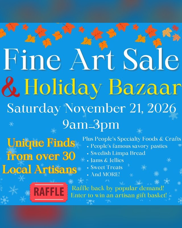 Flyer for the 23rd Annual People's Church Fine Art Sale & Holiday Bazaar, Saturday November 21, 2026, 9am-3pm.